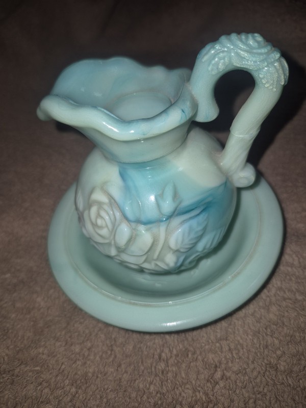 Avon Bath Oil Perfume Bottle Vintage Turquoise Blue Green Milk Glass Pitcher