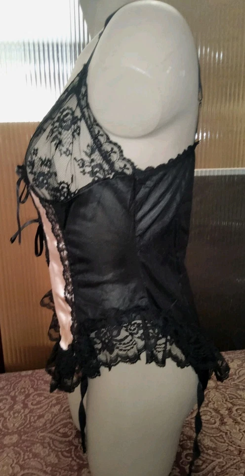 复古美国制造 Faris Teddy Sheer 尼龙 带缎面 带褶边和服装 黑色 带粉红色 L — 第 4/4 张图片