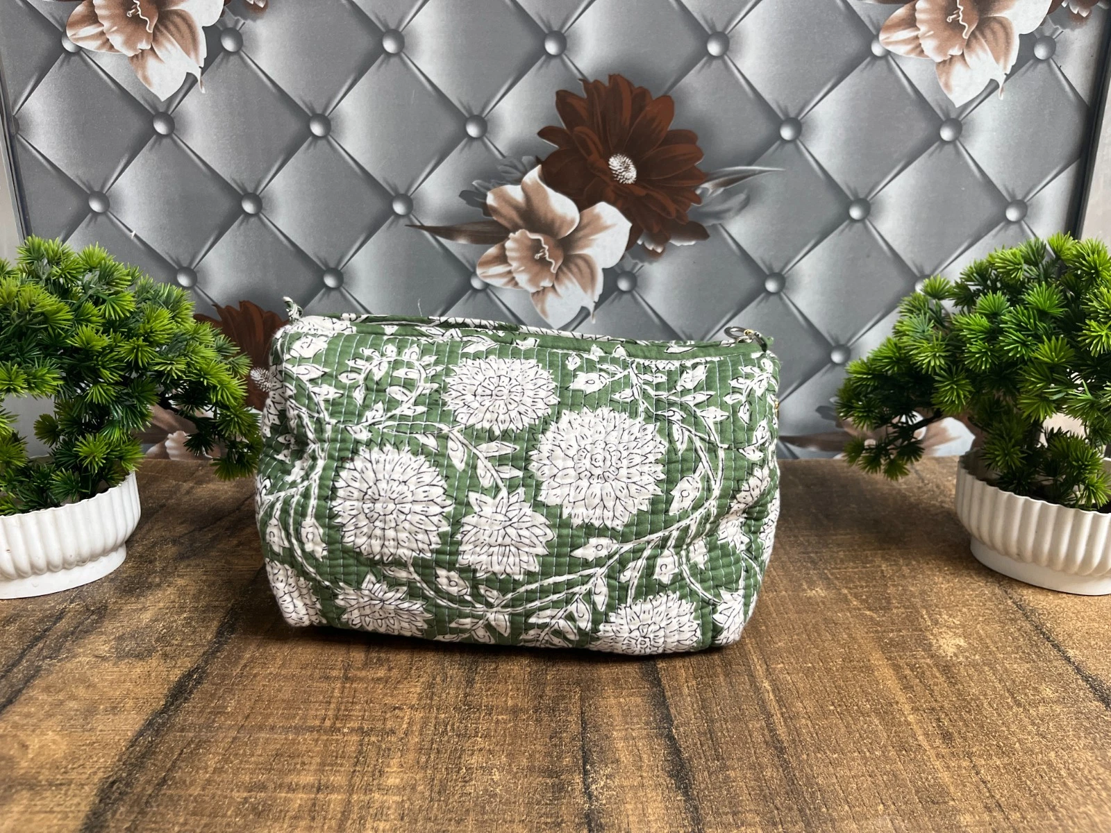 Indian Green Floral Print Toiletry Bag Unisex Makeup Bags Waterproof 3 Pcs. Set