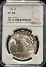 1922 Silver Peace Dollar NGC MS63 US Graded Coin Slab 90% (062)