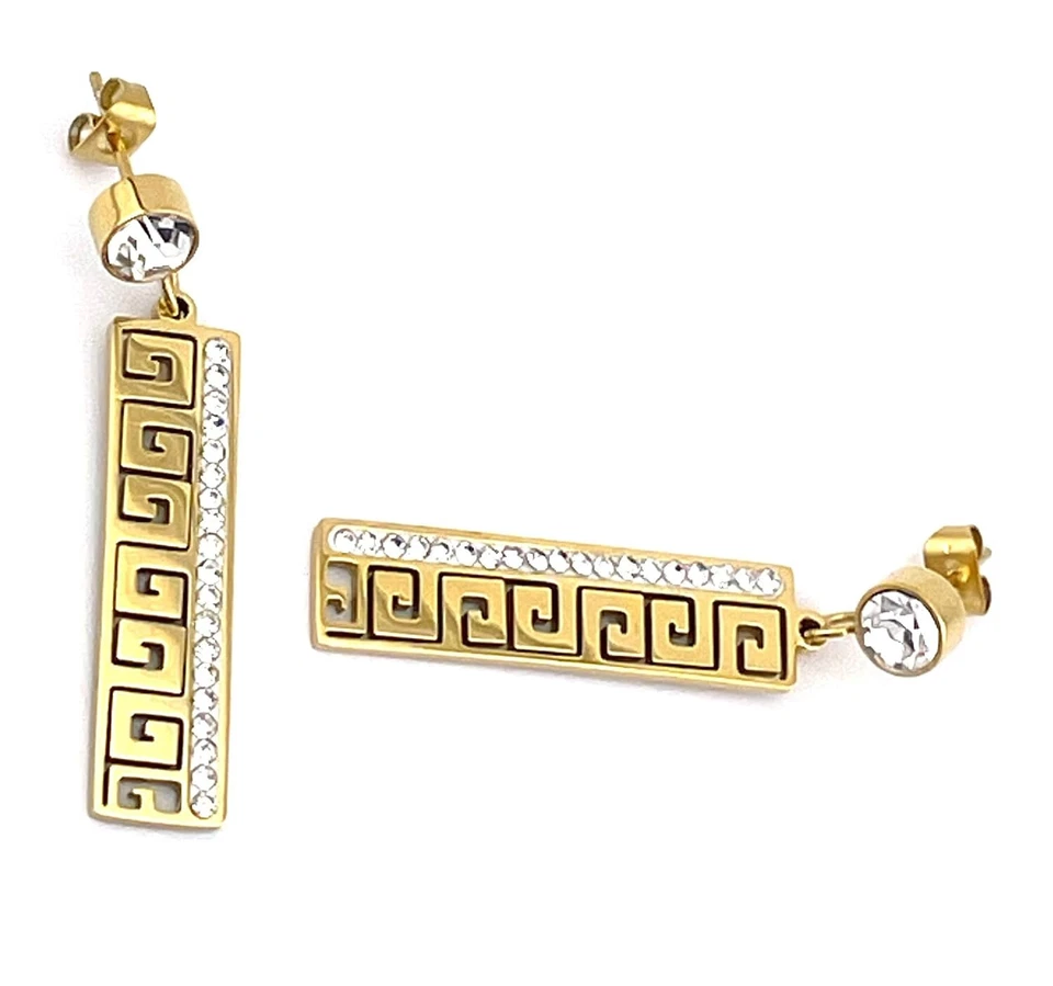 Pendientes colgantes artesanales de diamantes de oro de 18k con llave griega HECHOS sobre Grecia Foto 2 de 4