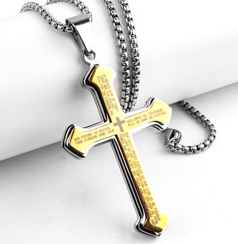 Men's Lord's Prayer Cross Necklace - Stainless Steel Pendant With 24" Chain