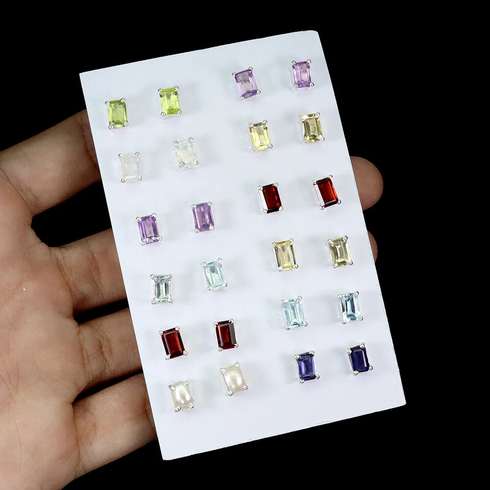 Pendientes de plata de ley 925 octágono topacio iolita peridoto 12 pares piedra de nacimiento Foto 3 de 4