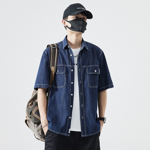 New Mens Denim Short-sleeved Shirt Retro Large Size Loose Casual Denim Tops - Picture 9 of 19