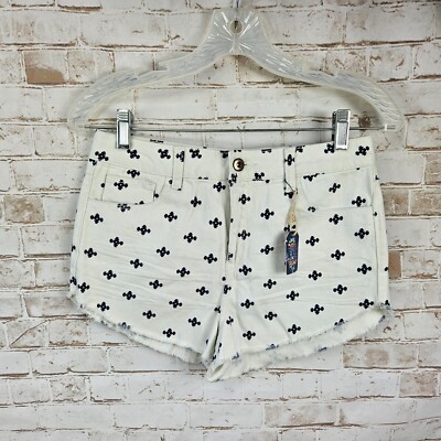 NWT Forever 21 Size 25 Off White/Cream Blue Print Denim Raw Hem Shorts High  Rise