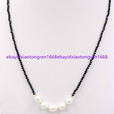 Faceted 3mm Black Spinel Round Gems Beads White Pearl Pendant Necklace 18Inch