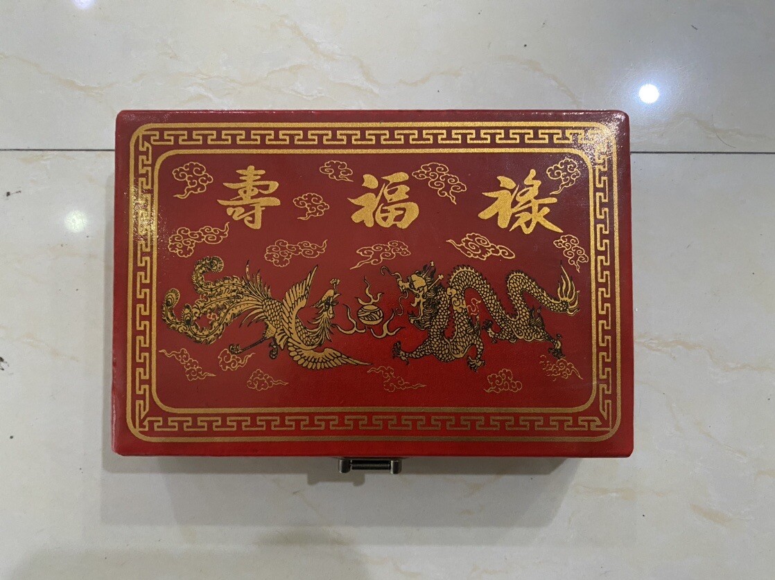 China old antique wooden leather MINI Dragon Phoenix Mahjong