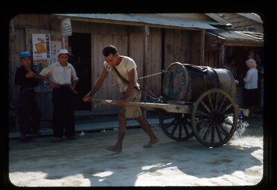 c1950 Indigenous Man Wheel Barrel Koza Japan Red Border 35mm Slide Transparency