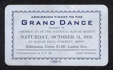 1936 Stockett, MT National Slovak Society "Grand Dance" Ticket Ladies Free