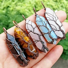 Natural Healing Crystal Quartz Point Tree of Life Wire Wrapped Stone Pendant