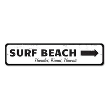 Surf Beach Sign, Personalized Surfing Directional Arrow Aluminum Metal Sign