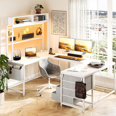 78.7'' U Shaped Computer Desk, Reversible Desk with Led Lights, Ergonomic Monitor