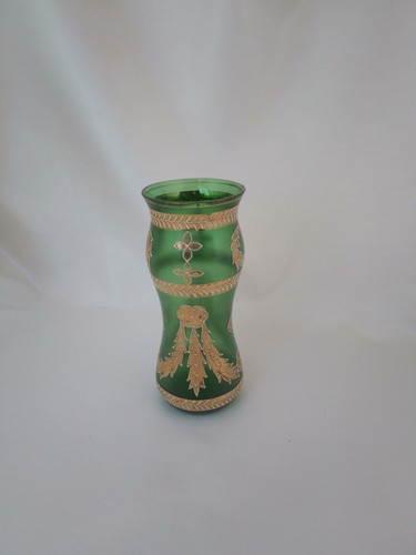 Vintage, Bohemian Green And Gold Glass Vase