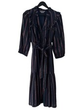 Anthropologie Tiered Gray Pink Striped Shirt Dress, Size XS 3/4 Sleeves Belted