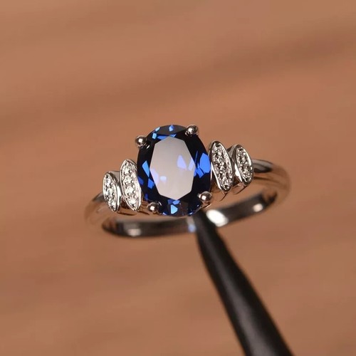 2.25Ct Oval Cut Lab-Created Blue Sapphire Engagement Ring 14K White Gold Plated - Picture 5 of 7