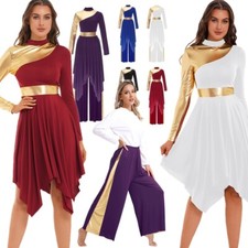 Women Performance Costume Soft Dance Mock Neck Asymmetrical Hem Dress Lyrical