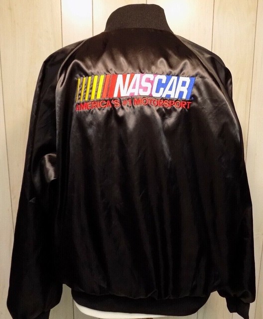 Nascar Men's Bomber Satin Nylon Racing Jacket Size XL Black Snap Front