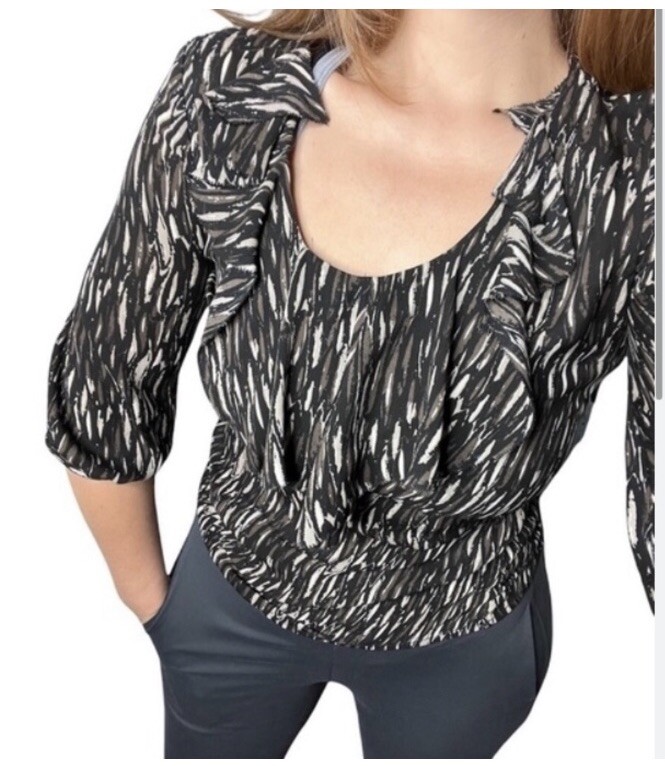 Tory Burch Waterfall Ruffle Graphic Design 3/4 Sleeve 100% Silk Blouse Sz 0