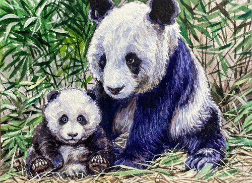 Watercolor Painting Panda Mom Black White Bear Nature Animals Wildlife ACEO Art