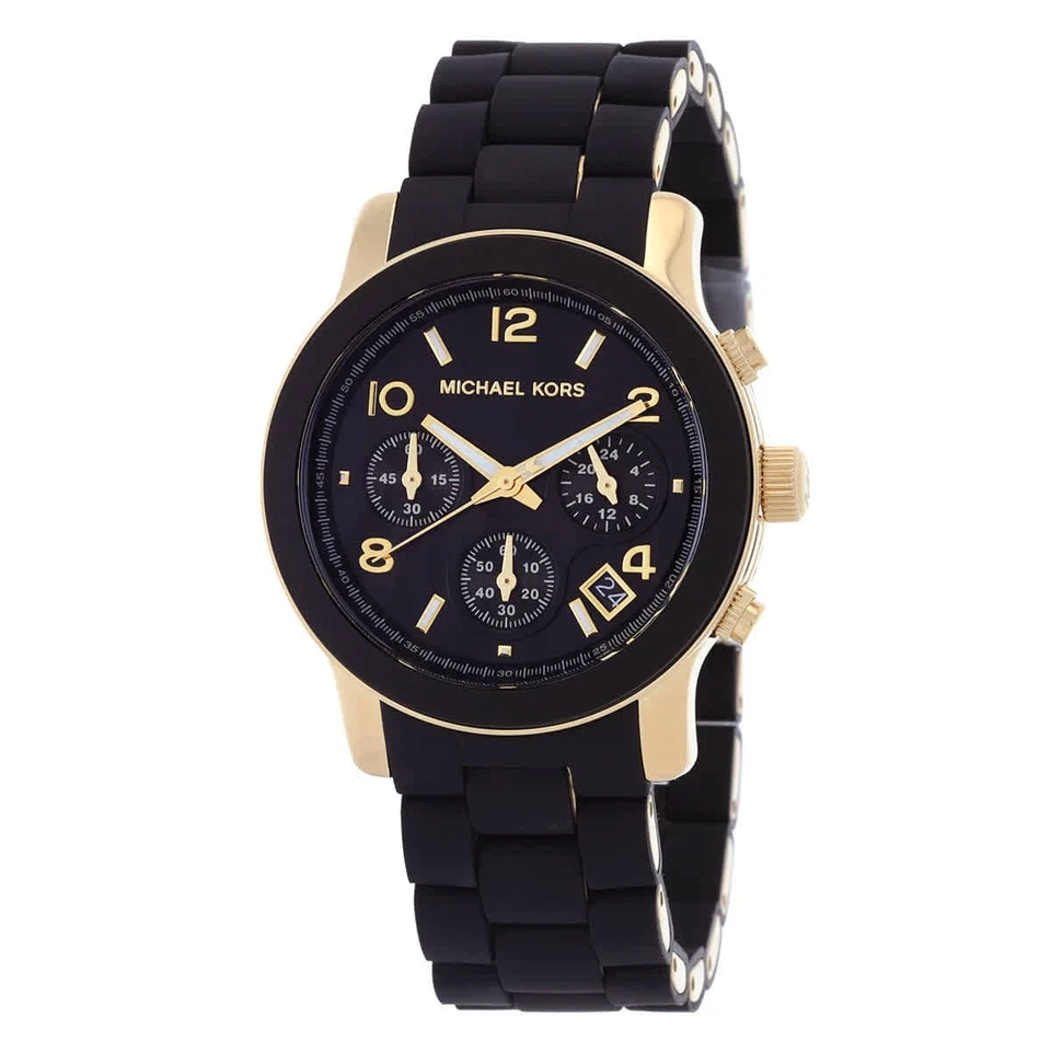 Reloj Michael Kors Runway cronógrafo cuarzo esfera negra para dama MK7385