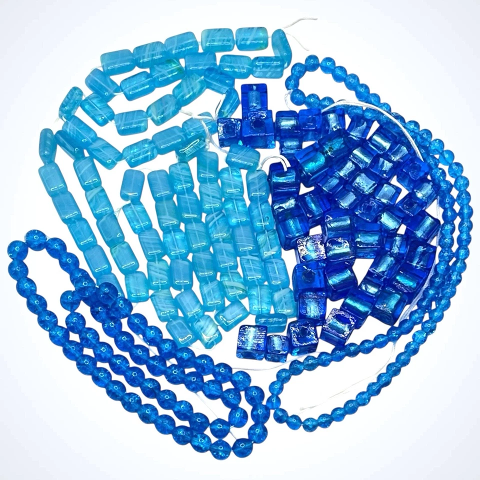 Czech Glass Beads Lot Blue Crackle Round Square Pressed Rectangle Swirl 6 - 12mm - Image 2 of 4