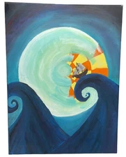 Abstract painting wall art canvas wood frame ocean waves sailboat wave READ