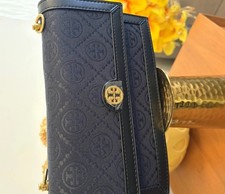 Tory Burch Blue Logo Flap Wallet Clutch w/ Gold Tone Hardware, Credit Card
