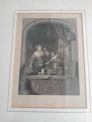 Bild ''Die Verkäuferin'' Stahlstich von Gerhard Dow ~1880 sehr schön gerahmt -B402