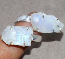 925 Silver Plated Rough Rainbow Moonstone Two-Stone Ring US FreeSize Trendy MJ
