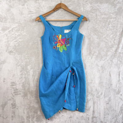 Bouillabaisse By Deborah Vintage 90s Teal Linen Mini Dress Size 2 Memphis Design