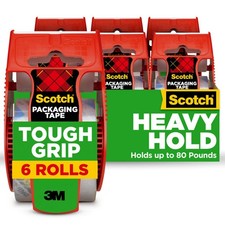 Scotch Tough Grip Clear Packing Tape, 1.88"x22.2 Yd, 6 Rolls with Dispensers