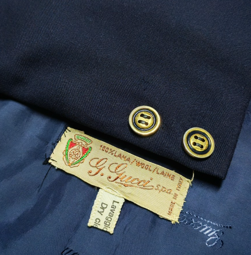 Vintage 80s G. GUCCI all worsted Wool gold button navy suit jacket