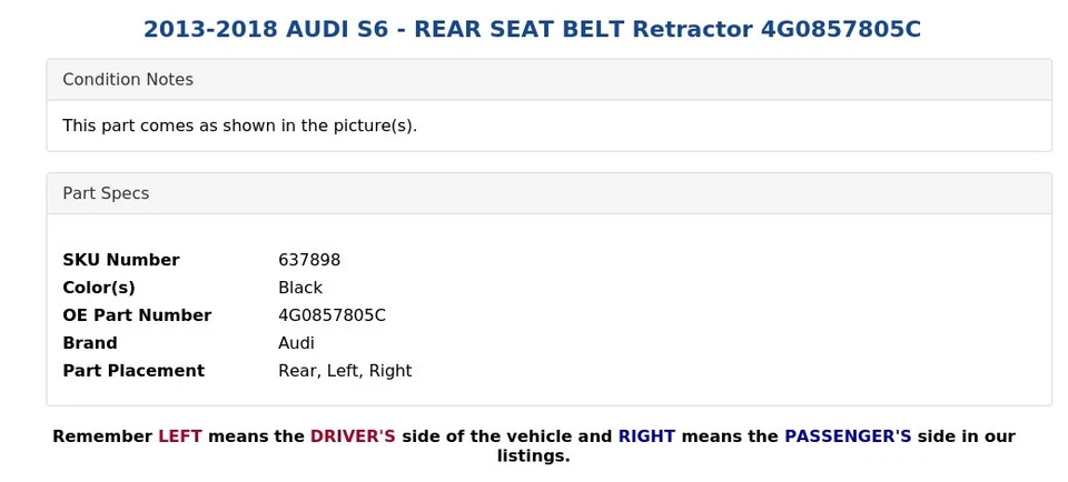 AUDI S6 2013-2018 - CINTURÓN DE SEGURIDAD TRASERO retractor 4G0857805C Foto 4 de 4