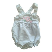 Vintage Baby Girl's Romper White Pink Embroidered Flowers Size 9 Months