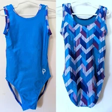 Plum Practicewear Gymnastics Leotard Flip Side Blue Geometric Print Size CM