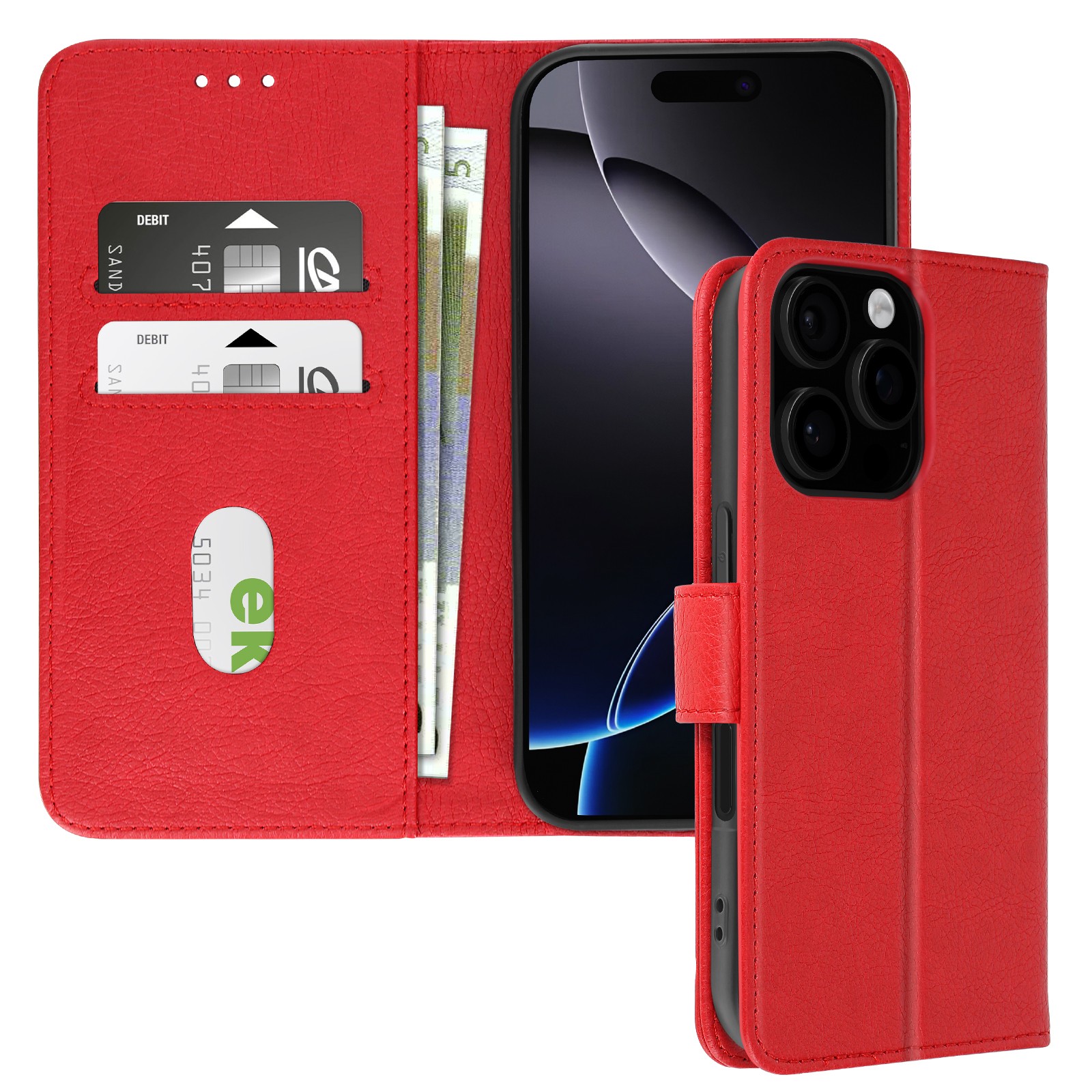 Étui iPhone 16 Pro rouge support idéal pour le train et le bureau