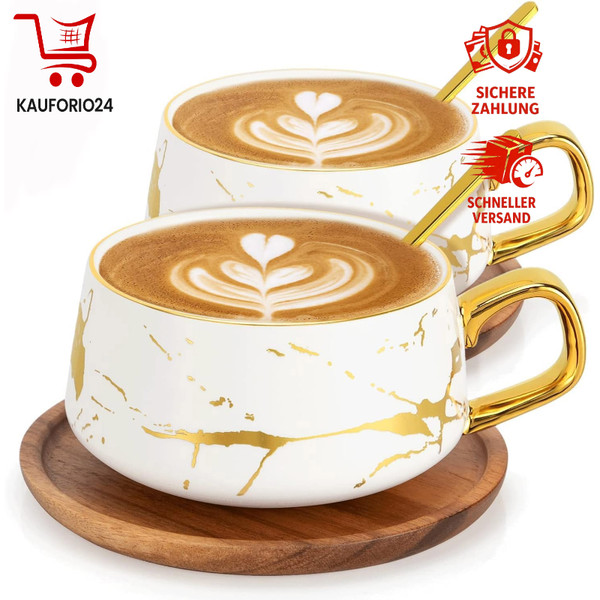 Cappuccino Tassen Set 2X 300Ml Mit Untertassen Und LöFfel Keramik Weiß Modern-image