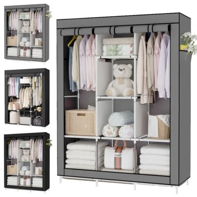 Heavy Duty Fabric Canvas Wardrobe Clothes Cupboard Hanging Rail Shelving Storage
