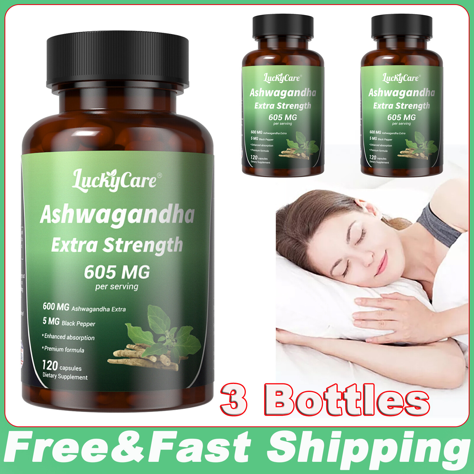 3 Bottles Ashwagandha Extract Extra Strength Capsules w/ Black Pepper Extract
