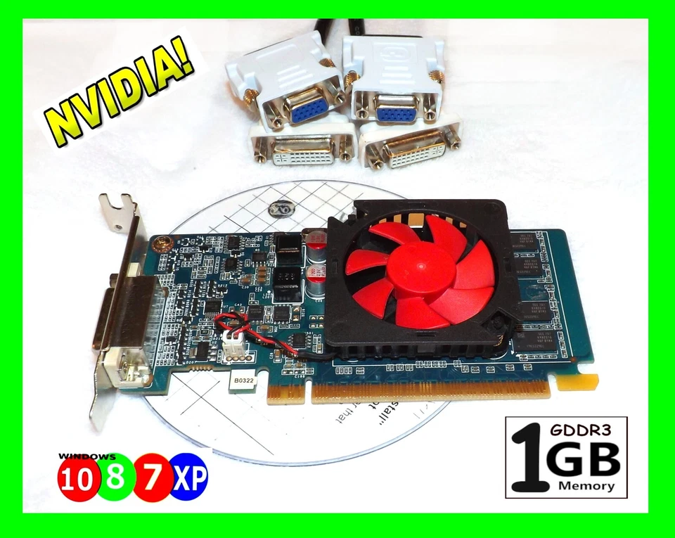 Low Profile 1GB SFF Video Card. PCI-E 16x with  2X DVI-VGA, and 2X DVI Adapters - Image 4 of 4