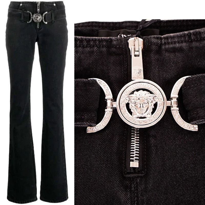 Versace — 32 NEW $1375 VERSACE Black Dyed Denim BIGGIE LOGO MEDUSA '95 BELT Low Rise JEANS