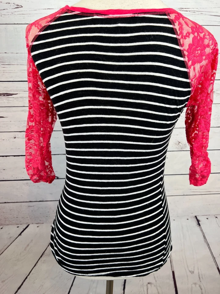 Delia's Jersey Camisa Rayas Sexy Encaje Transparente Top Negro Rosa Blusa Pequeña Y2K Foto 4 de 4