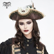 Devil Fashion Women Brown Retro Gothic Lace Ruffle Feather Costume Pirate Hat