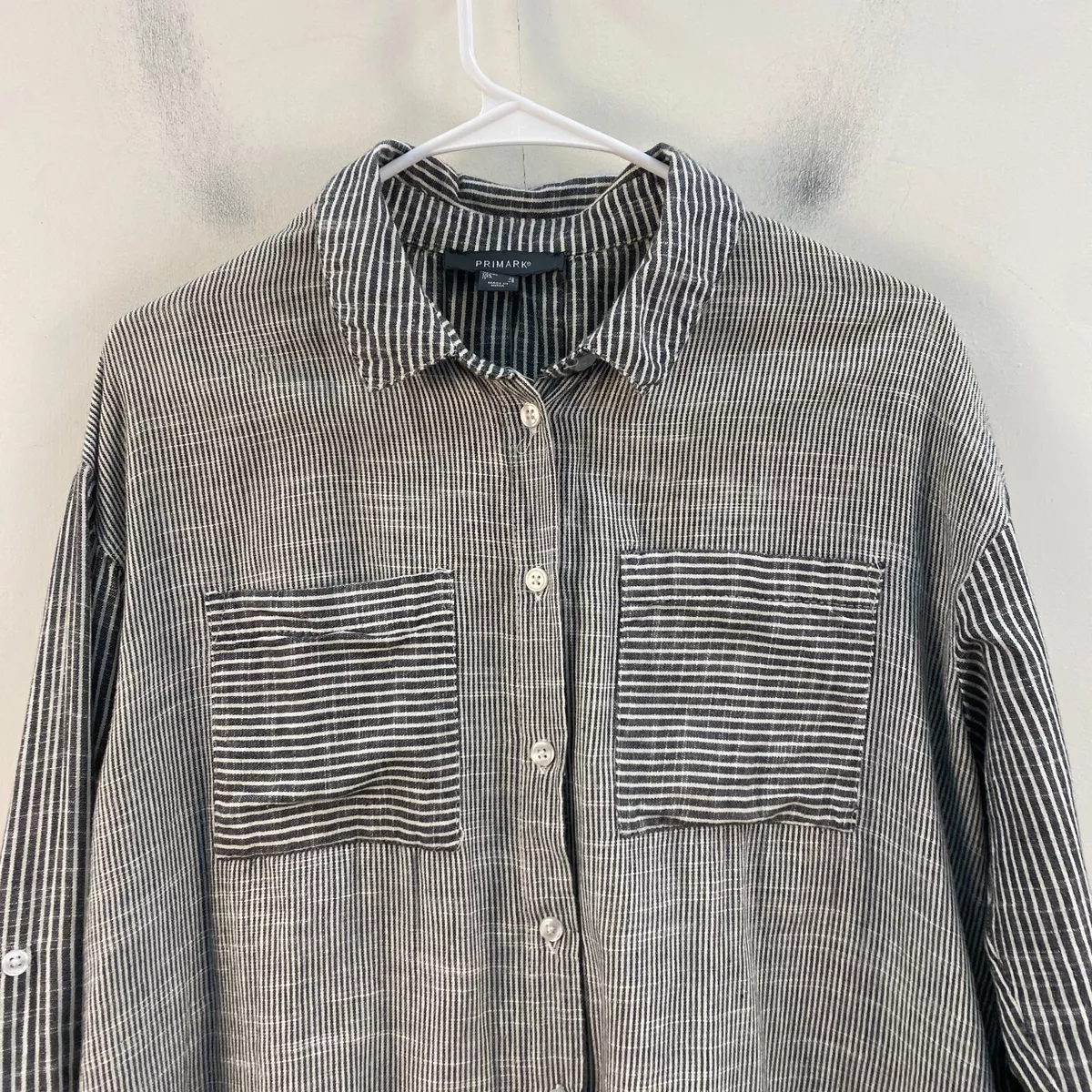 Primark Womens US 8 Tunic Shirt Top Black White Stripe Linen Button Collar