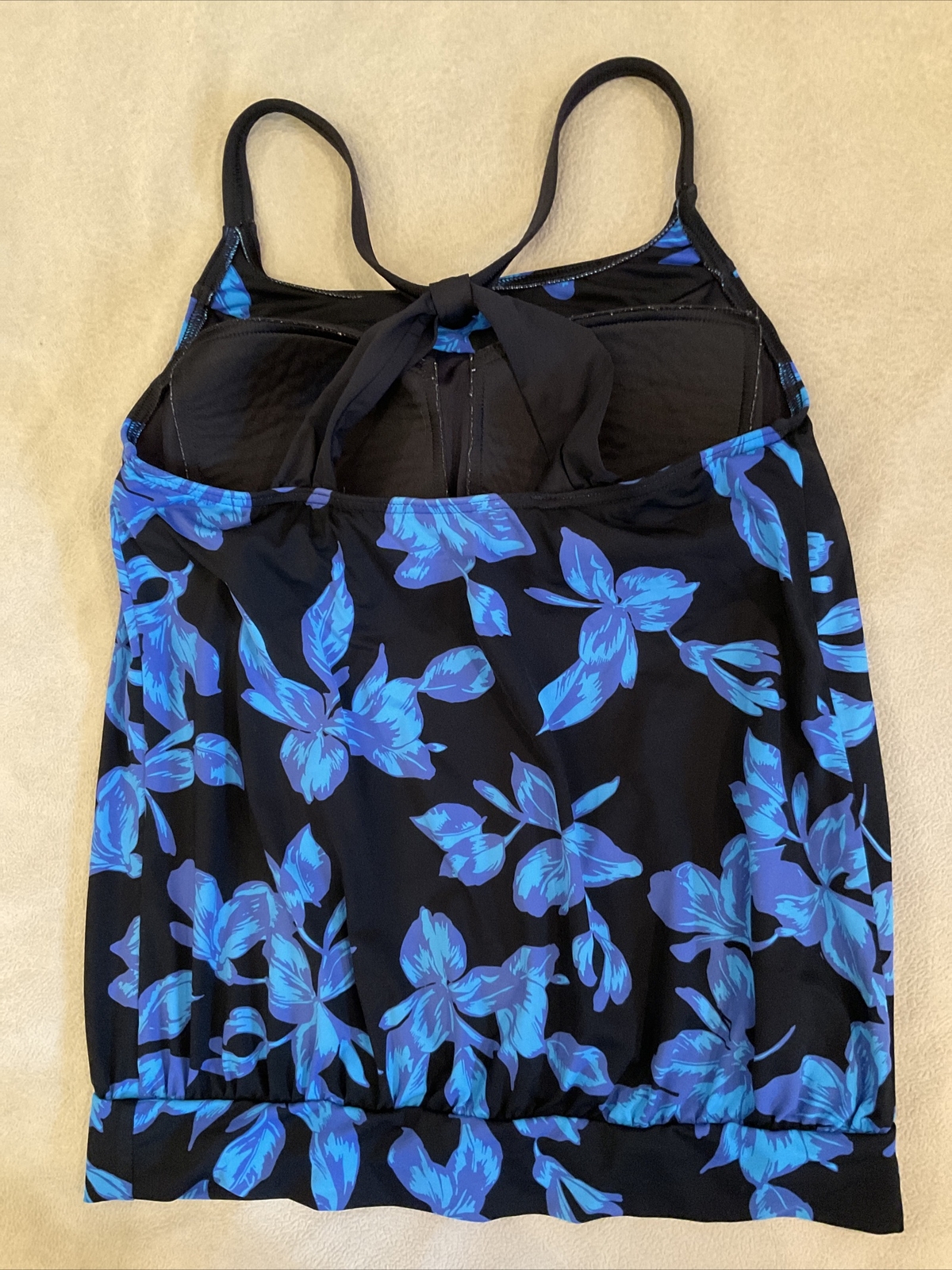 Lands End 6D Tankini Swimsuit Top Blue Floral Blouson Gem