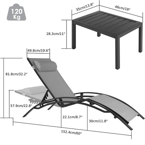 XXL Aluminium Sonnenliege 2er Set mit Beistelltisch 5-Fach Verstellbare Rückenle - Bild 2 von 26