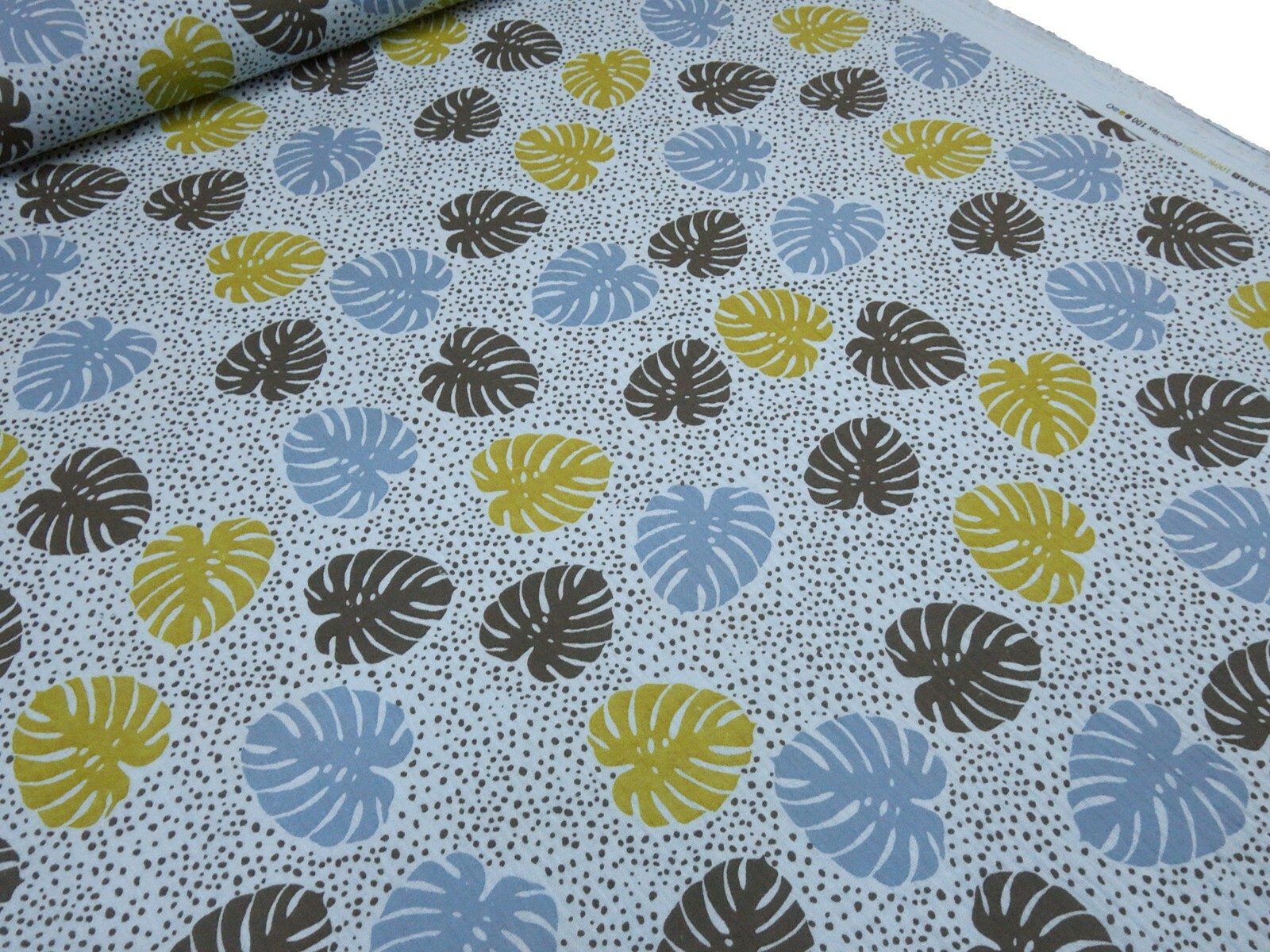 Cotton muslin double gauze blouse fabric in blue kiwi grey leaf print  
