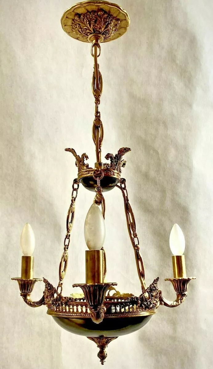 Vintage Neoclassical Style Empire 3 Lights Solid Brass Chandelier Made in Spain