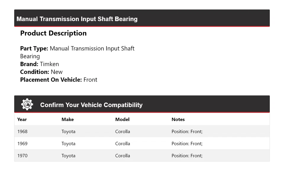 Cojinete de eje de entrada de transmisión manual Timken 1969 para Toyota Corolla 1968-1970 Foto 2 de 4