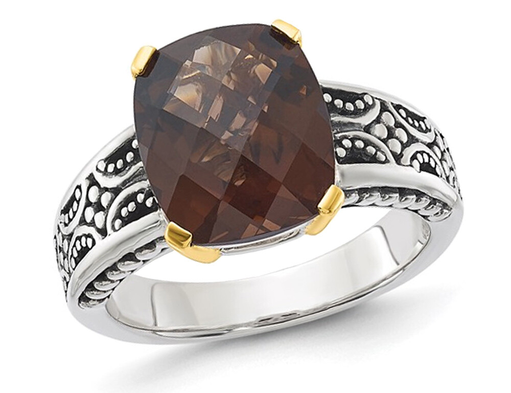 Carat (ctw) Checkerboard Smoky Quartz Ring in Antiqued